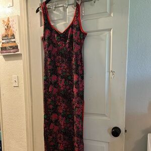 Free People Black Maxi Slip Dress with Pink Floral and Green Accents